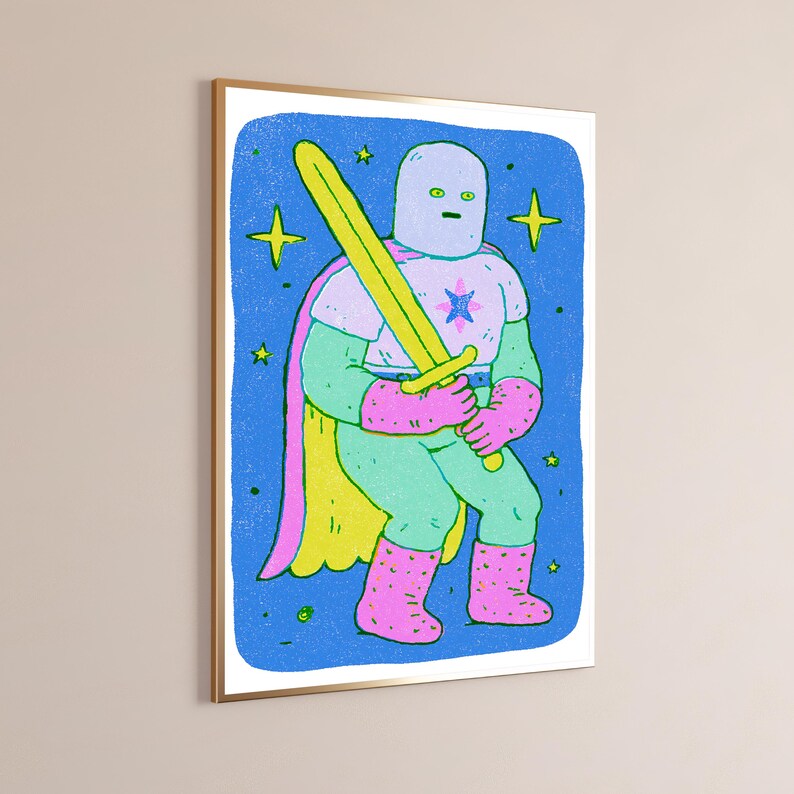 Cosmic Warrior with Yellow Sword Pop Art Print | Neon Character Wall Art | Vibrant Home Decor | Digital Download A3 A2 A1 image 9