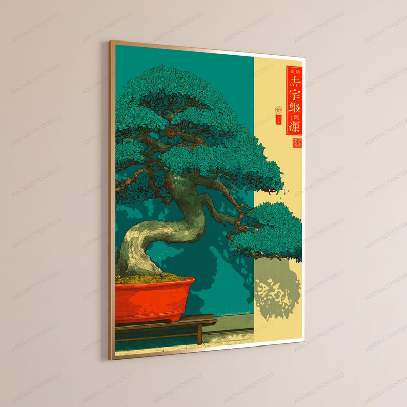 Może przedstawiać: Oprawiony pionowy wydruk ścienny przedstawiający stylizowaną ilustrację zielonego drzewka bonsai w prostokątnej pomarańczowej doniczce. Tło jest podzielone na kolor morski i kremowy, z pionowo nadrukowanymi czerwonymi japońskimi znakami kanji.