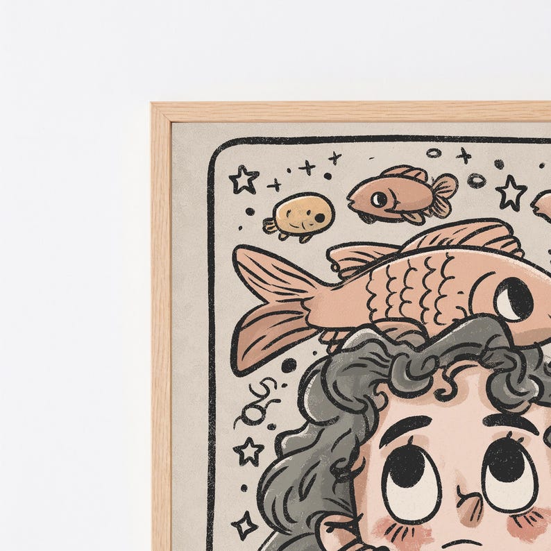 May include: A framed illustration featuring a person with dark wavy hair looking upward at a large peach-colored fish. The scene includes smaller fish, stars, and dots on a light beige background, all enclosed within a light wood frame.