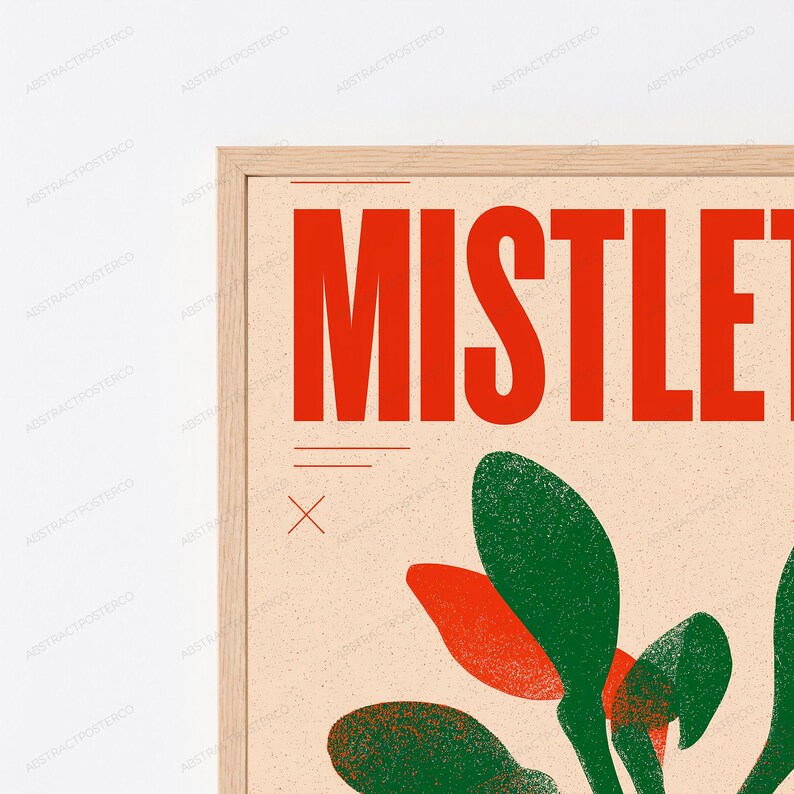 Mistletoe Plant Red Bow Retro Art Print | Minimalist Christmas Wall Art | Holiday Home Decor image 2