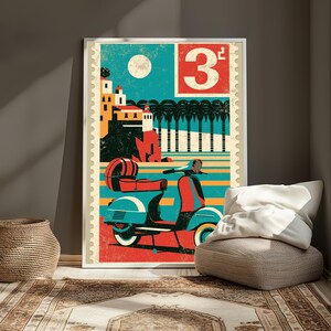 May include: A rectangular wall art print designed like a vintage postage stamp featuring a teal and red scooter in the foreground. The background displays a coastal scene with white buildings on a cliff, palm trees, and a large moon. The number 3 is printed in a red box in the upper right corner.