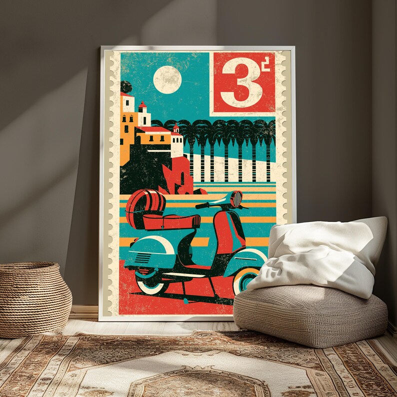 May include: A rectangular wall art print designed like a vintage postage stamp featuring a teal and red scooter in the foreground. The background displays a coastal scene with white buildings on a cliff, palm trees, and a large moon. The number 3 is printed in a red box in the upper right corner.