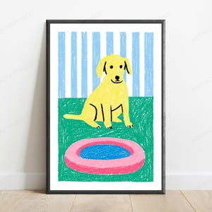 May include: A framed wall art print featuring a yellow dog sitting on a green surface in front of a blue and white striped background. In the foreground, there is a pink circular object with a blue center, rendered in a crayon-like texture.