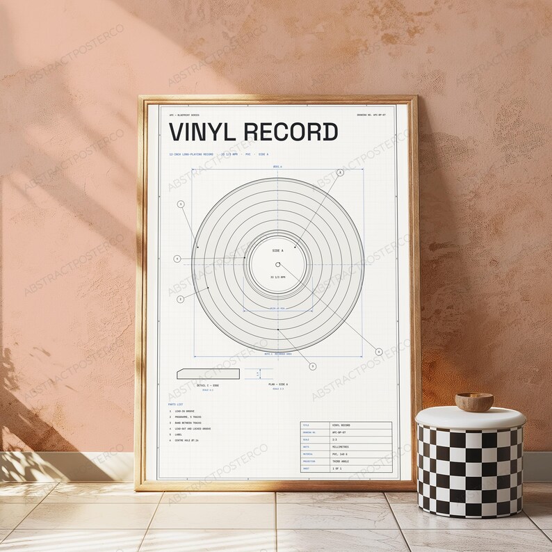 Technische tekening van een vinylplaat | Retro muziekstudio muurdecoratie | Minimalistische designposter afbeelding 4