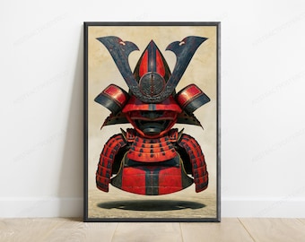 Impressão artística de capacete Kabuto de samurai vermelho | Arte de parede com armadura de guerreiro japonês | Decoração asiática minimalista | Download digital A3 A2 A1
