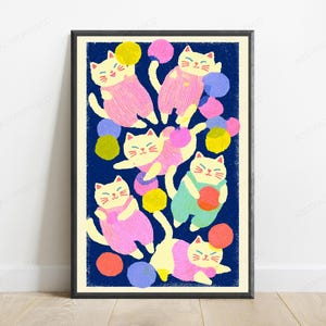 Playful Cats with Colourful Yarn Balls Pop Art Print | Whimsical Minimalist Wall Art | Cat Lover Gift Decor | Digital Download A3 A2 A1 image 1