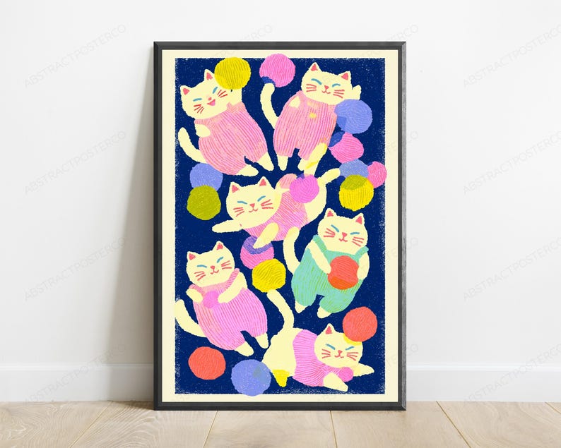 Playful Cats with Colourful Yarn Balls Pop Art Print | Whimsical Minimalist Wall Art | Cat Lover Gift Decor | Digital Download A3 A2 A1 image 1