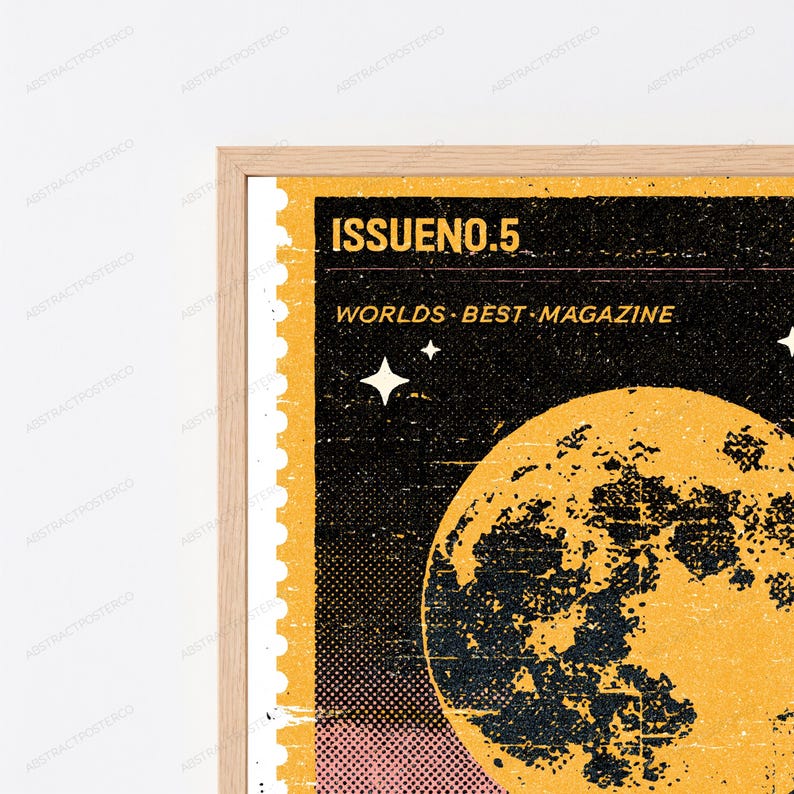 May include: A framed poster featuring a stylized yellow moon against a black, textured background with white stars. The design includes a perforated stamp-like border and the text ISSUENO.5 and WORLDS BEST MAGAZINE in a bold, sans-serif yellow font.
