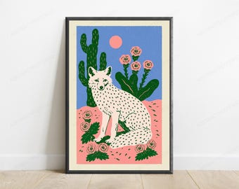 Desert Fox Cactus Flower Pop Art Print | Minimalist Southwest Wall Art | Boho Home Decor | Digital Download A3 A2 A1