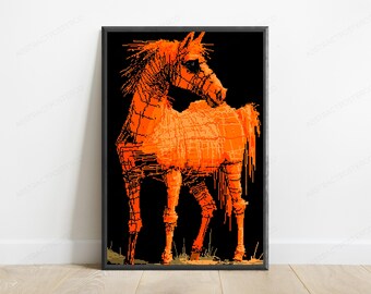 Orange Horse Glitch Pop Art Print | Retro Pixel Equine Wall Art | Modern Animal Home Decor | Digital Download A3 A2 A1