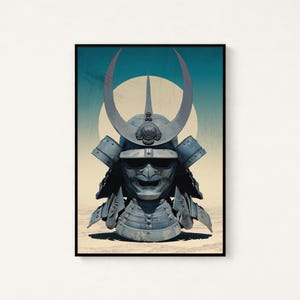 May include: A framed wall art print featuring a blue-toned samurai helmet with a large crescent-shaped crest and a fierce facial mask. The helmet is centered against a pale yellow circular background and a gradient blue sky, set in a black frame.