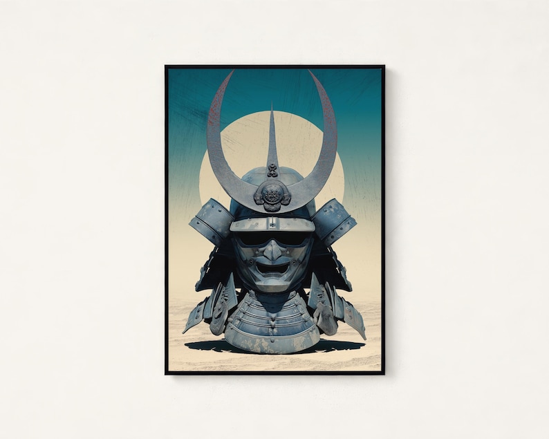 May include: A framed wall art print featuring a blue-toned samurai helmet with a large crescent-shaped crest and a fierce facial mask. The helmet is centered against a pale yellow circular background and a gradient blue sky, set in a black frame.