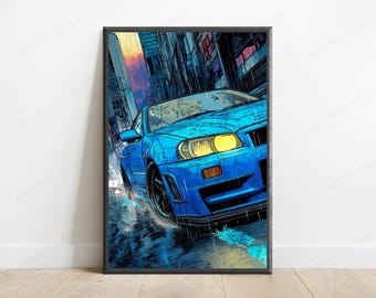 Blue Sports Car Rainy Street Anime | Urban Street Art Print | Cyberpunk Wall Decor | Digital Download A3 A2 A1