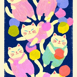 May include: A digital illustration on a dark blue background featuring six cream-colored cats wearing pink or light green overalls. The cats are depicted playing with various colorful yarn balls in shades of yellow, pink, purple, and orange.