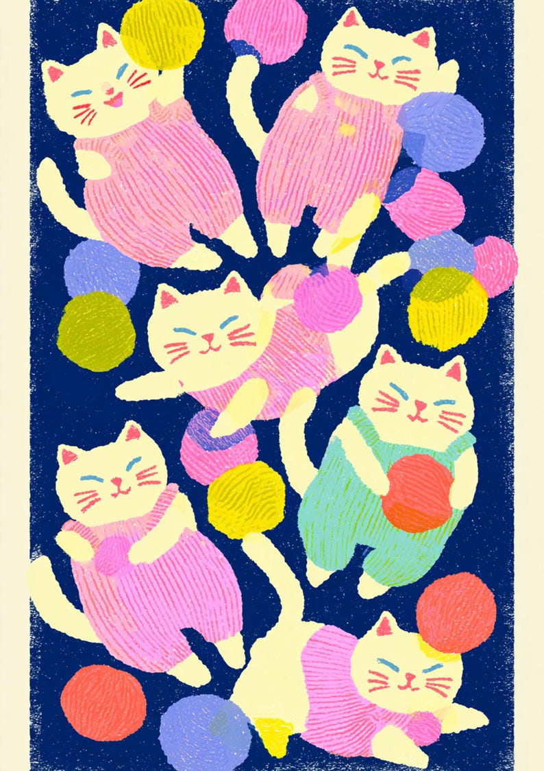 May include: A digital illustration on a dark blue background featuring six cream-colored cats wearing pink or light green overalls. The cats are depicted playing with various colorful yarn balls in shades of yellow, pink, purple, and orange.