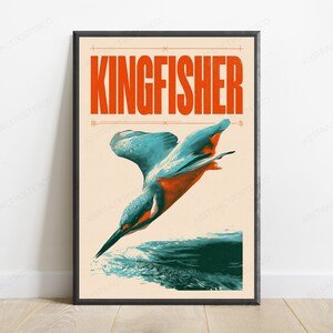 Póster vintage de Kingfisher Dive / Arte mural retro de aves / Decoración moderna de naturaleza