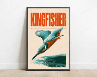 Kingfisher Dive Vintage Poster | Retro Bird Wall Art | Modern Nature Decor