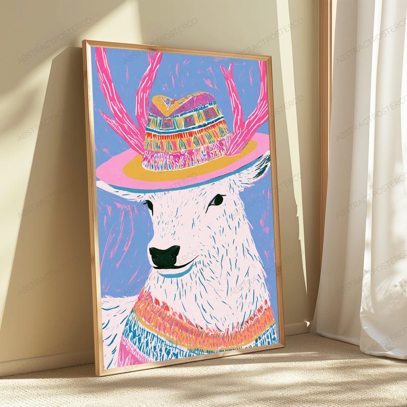 K&ouml;nnte beinhalten: Ein gerahmter Kunstdruck, der einen stilisierten wei&szlig;en Hirsch mit rosa Geweih zeigt, der einen farbenfroh gemusterten Hut und einen passenden Pullover vor einem hellblauen Hintergrund tr&auml;gt. Das Bild nutzt kr&auml;ftige Linien und leuchtende Farben.