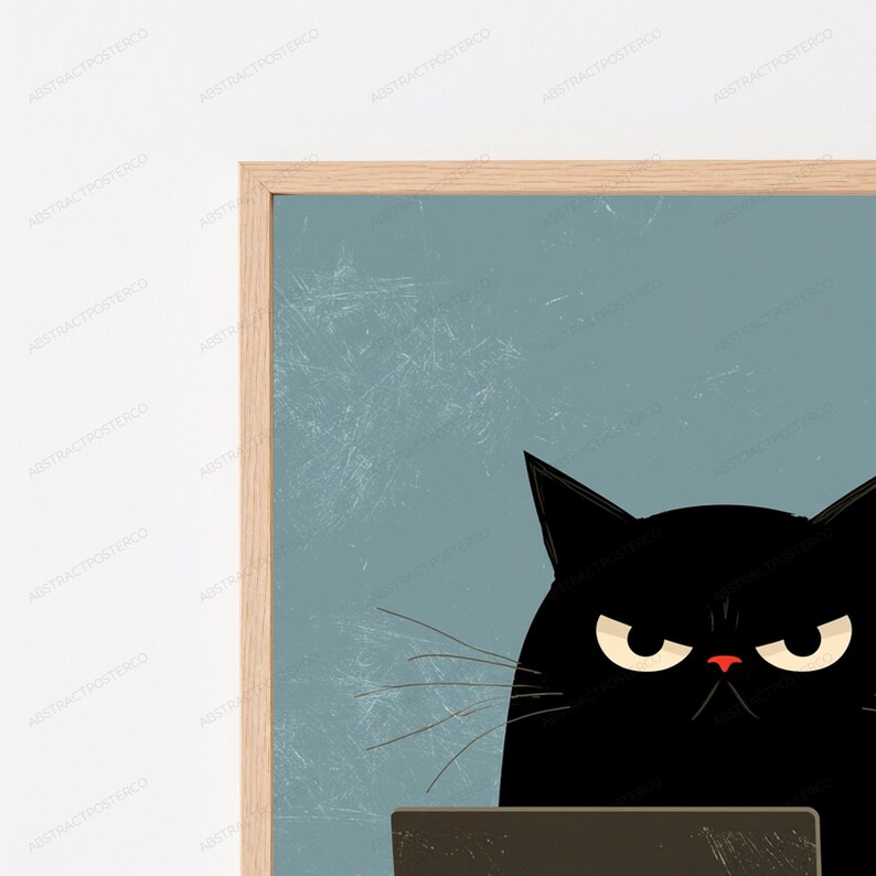 Grumpy Black Cat with Laptop Coffee Mug | Monday Mood Pop Art Print | Funny Office Wall Decor image 2