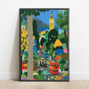 Lámina con escena callejera de Londres y el Parque Big Ben / Arte mural floral de ciudad vibrante / Ilustración de paisaje urbano / Descarga digital A3 A2 A1 imagen 1