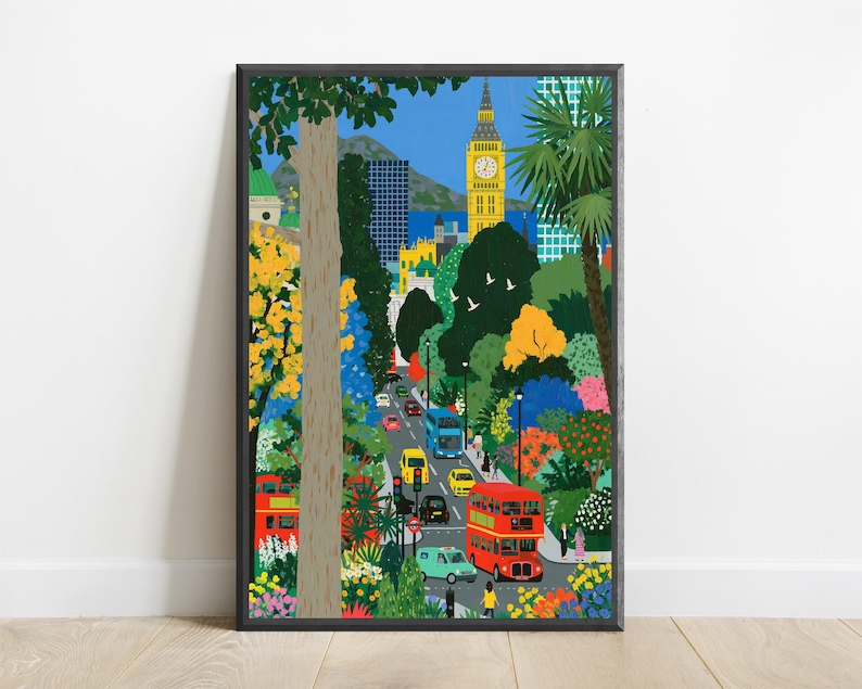 Lámina con escena callejera de Londres y el Parque Big Ben / Arte mural floral de ciudad vibrante / Ilustración de paisaje urbano / Descarga digital A3 A2 A1 imagen 1
