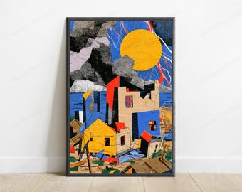 Coastal Houses Golden Sun Collage Art | Expressionist Architecture Wall Art | Bold Colour Home Decor