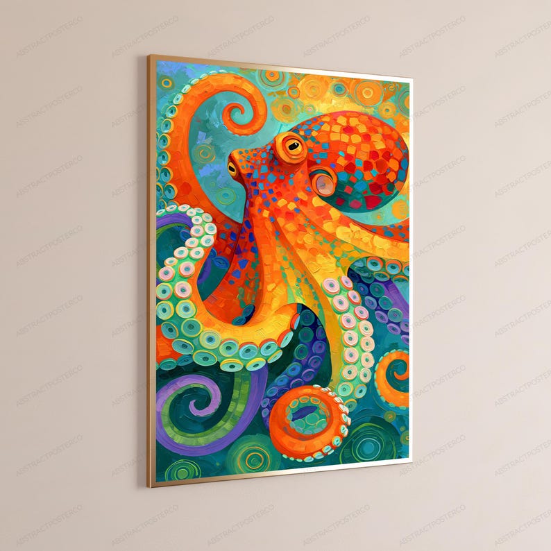 May include: A rectangular wall art print featuring a vibrant, multi-coloured octopus with orange, red, and yellow patterned skin. The tentacles are curled and detailed with circular suckers, set against a deep blue and teal background.