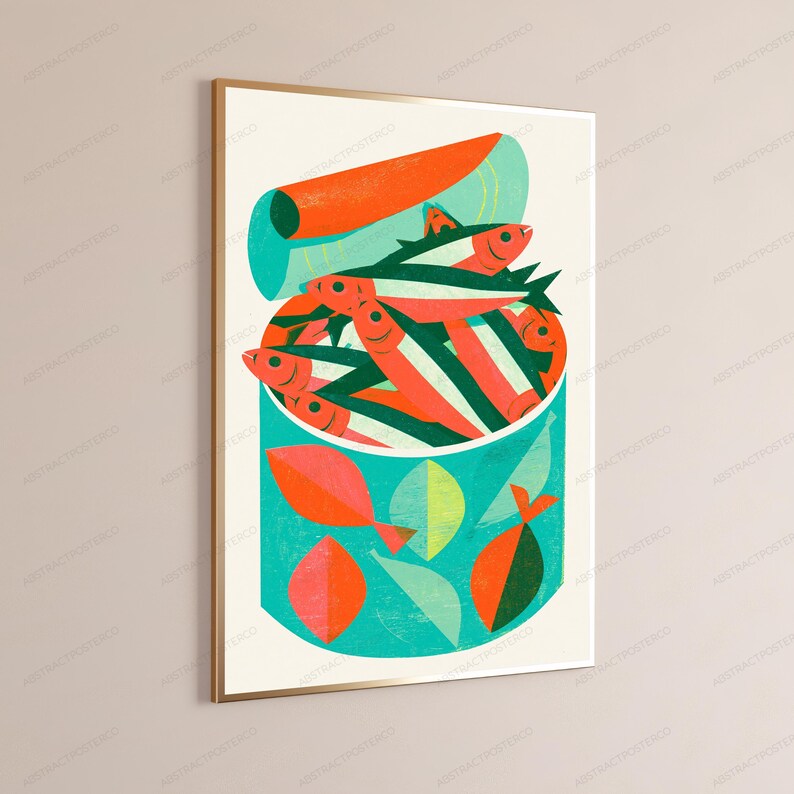 Retro popkonsttryck med fiskburk | Färgglad fiskematkonst | Väggdekoration i köket | Digital nedladdning A3 A2 A1 bild 3