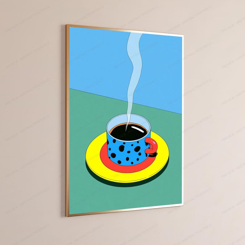 May include: A framed wall art print featuring a blue mug with black spots and a red handle, filled with black coffee and rising steam. The mug sits on a red and yellow saucer against a green surface and a light blue background.