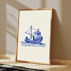 Stampa artistica vintage di una barca da pesca / Decorazione murale nautica costiera / Arredamento marittimo minimalista / Download digitale A3 A2 A1 immagine 2