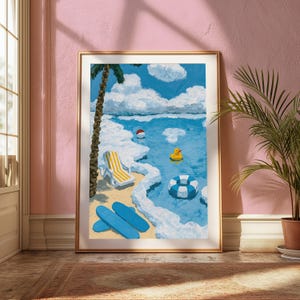 May include: A framed painting depicting a beach scene with a palm tree, a yellow and white striped lounge chair, two blue surfboards on the sand, a red and white beach ball, a yellow rubber duck, and a blue and white striped inner tube in the water.