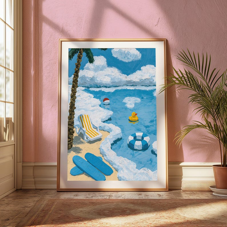 May include: A framed painting depicting a beach scene with a palm tree, a yellow and white striped lounge chair, two blue surfboards on the sand, a red and white beach ball, a yellow rubber duck, and a blue and white striped inner tube in the water.