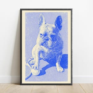 May include: A framed art print featuring a blue and cream line-art illustration of a French Bulldog sitting on a tennis court. The dog has one paw resting on a tennis ball, with a tennis racket visible on the left side of the composition.