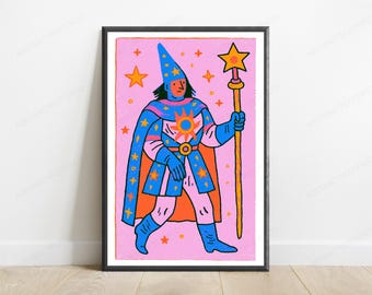 Pink Wizard with Star Wand Pop Art Print | Magical Spell Art | Whimsical Wall Decor | Digital Download A3 A2 A1