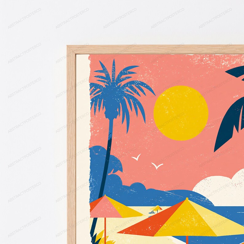 May include: A framed wall art print featuring a stylized beach scene with a pink sky, a yellow sun, dark blue palm trees, and colorful beach umbrellas in red, yellow, and orange. The artwork has a textured, distressed finish and a light wood frame.