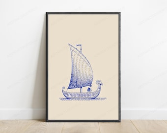 Ancient Greek Sailing Vessel Line Art Print | Minimalist Classical Wall Decor | Blue Mythology Home Art | Digital Download A3 A2 A1