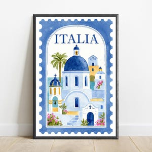 Coastal Italia Architecture Print | Mediterranean Postage Stamp Art | Minimalist Travel Wall Decor | Digital Download A3 A2 A1 image 1