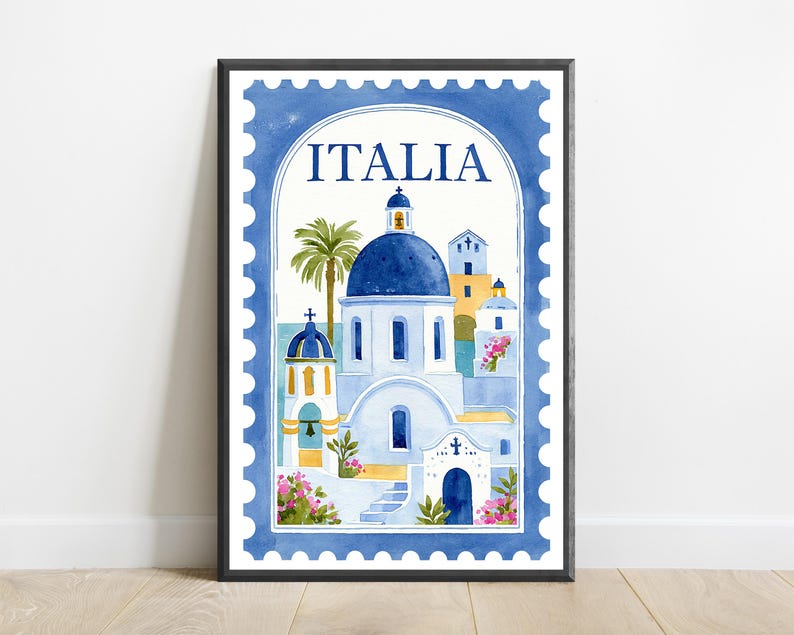 Coastal Italia Architecture Print | Mediterranean Postage Stamp Art | Minimalist Travel Wall Decor | Digital Download A3 A2 A1 image 1
