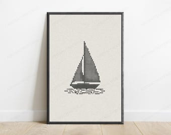 Minimalistischer Segelboot-Punktkunstdruck | Maritimes Wandbild in Schwarz-Weiß | Küstenhaus-Dekoration