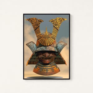 May include: A samurai helmet featuring a weathered, oxidized blue-green metal finish on the face mask and neck guard, contrasted by a prominent, ornate gold-colored crest with intricate engravings and a central spike atop the dome.