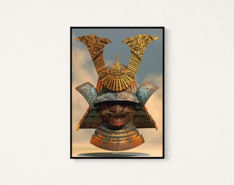 Golden Samurai Helmet Ornate Art Print | Japanese Warrior Kabuto | Minimalist Wall Art | Digital Download A3 A2 A1