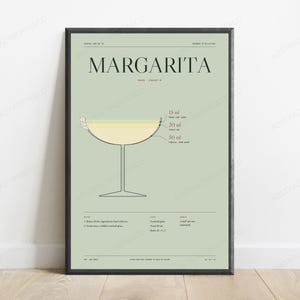 Margarita Cocktail Recipe Print | Minimalist Bar Art | Sage Kitchen Wall Decor image 1