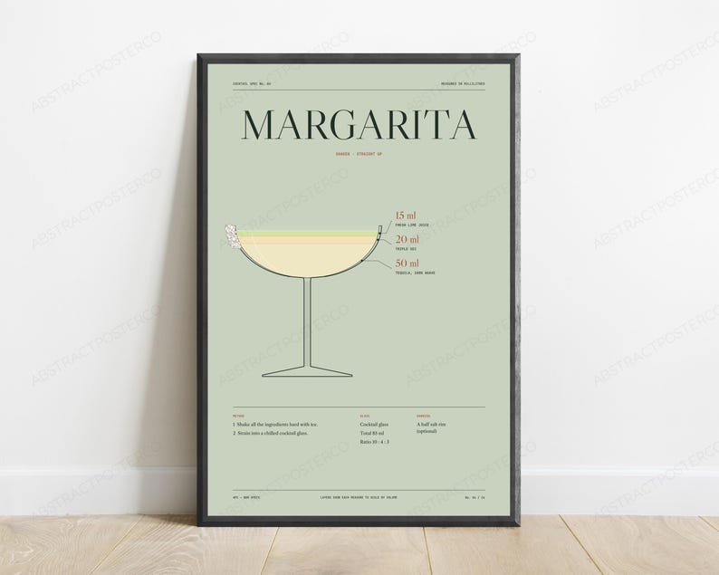 Margarita Cocktail Recipe Print | Minimalist Bar Art | Sage Kitchen Wall Decor image 1