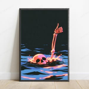 Skeleton Hand Rising from Skull | Synthwave Neon Art Print | Dark Gothic Wall Decor image 1