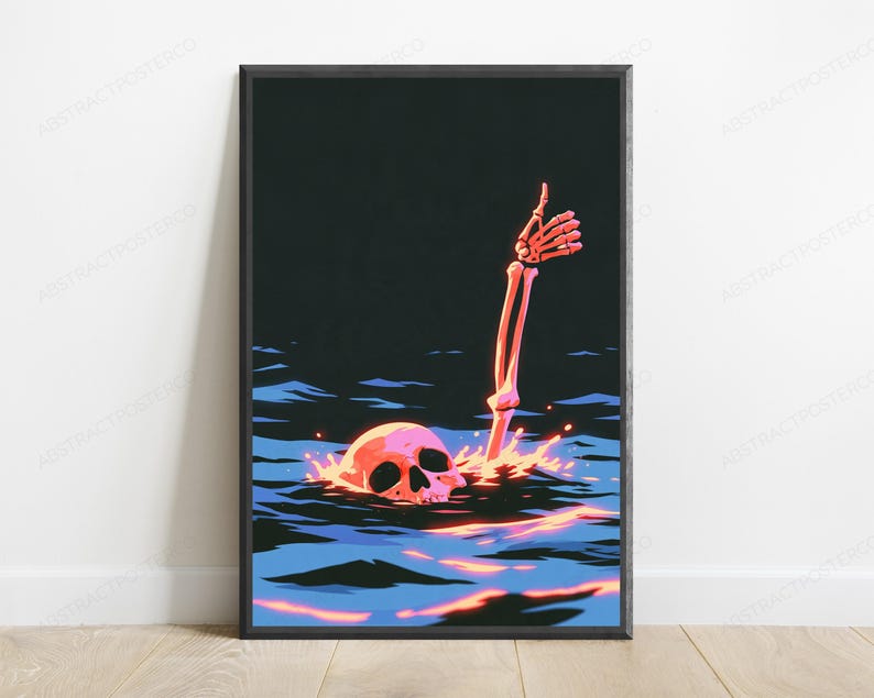 Skeleton Hand Rising from Skull | Synthwave Neon Art Print | Dark Gothic Wall Decor image 1