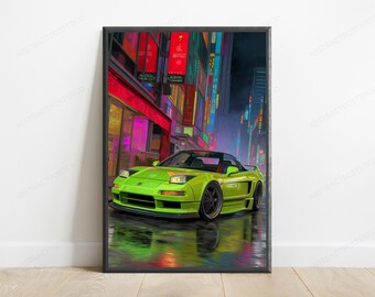 Neon Sports Car Cyberpunk City Print | Lime Green JDM Wall Art | Vaporwave Neon Decor | Digital Download A3 A2 A1