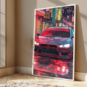 Red Sports Car Rain Neon City Print | Cyberpunk Wall Art | Modern Street Art Decor | Digital Download A3 A2 A1 image 4
