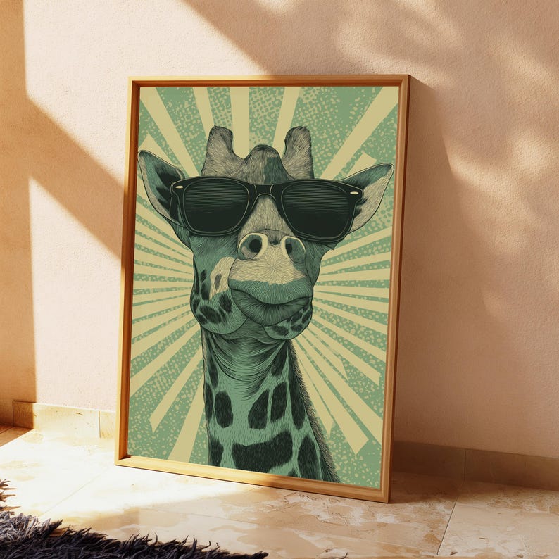 Cool Giraffe Sunglasses Print | Retro Pop Art | Minimalist Animal Wall Decor | Digital Download A3 A2 A1 image 2
