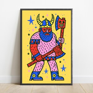 Bunte Wikinger Kriegerin Pop Art Print | Bold Axe Demon Charakter Wandkunst | Schrullige Wohnkultur | Digitaler Download A3-A2-A1 Bild 7