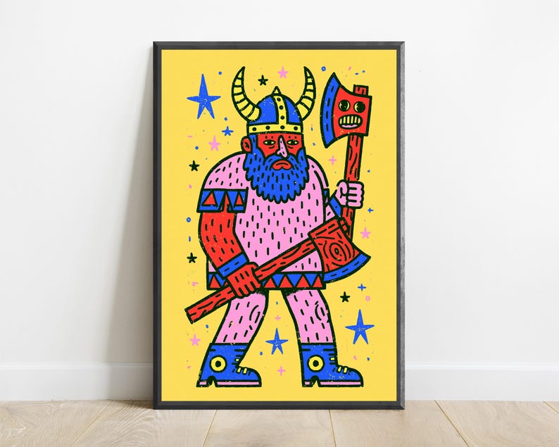 Bunte Wikinger Kriegerin Pop Art Print | Bold Axe Demon Charakter Wandkunst | Schrullige Wohnkultur | Digitaler Download A3-A2-A1 Bild 7